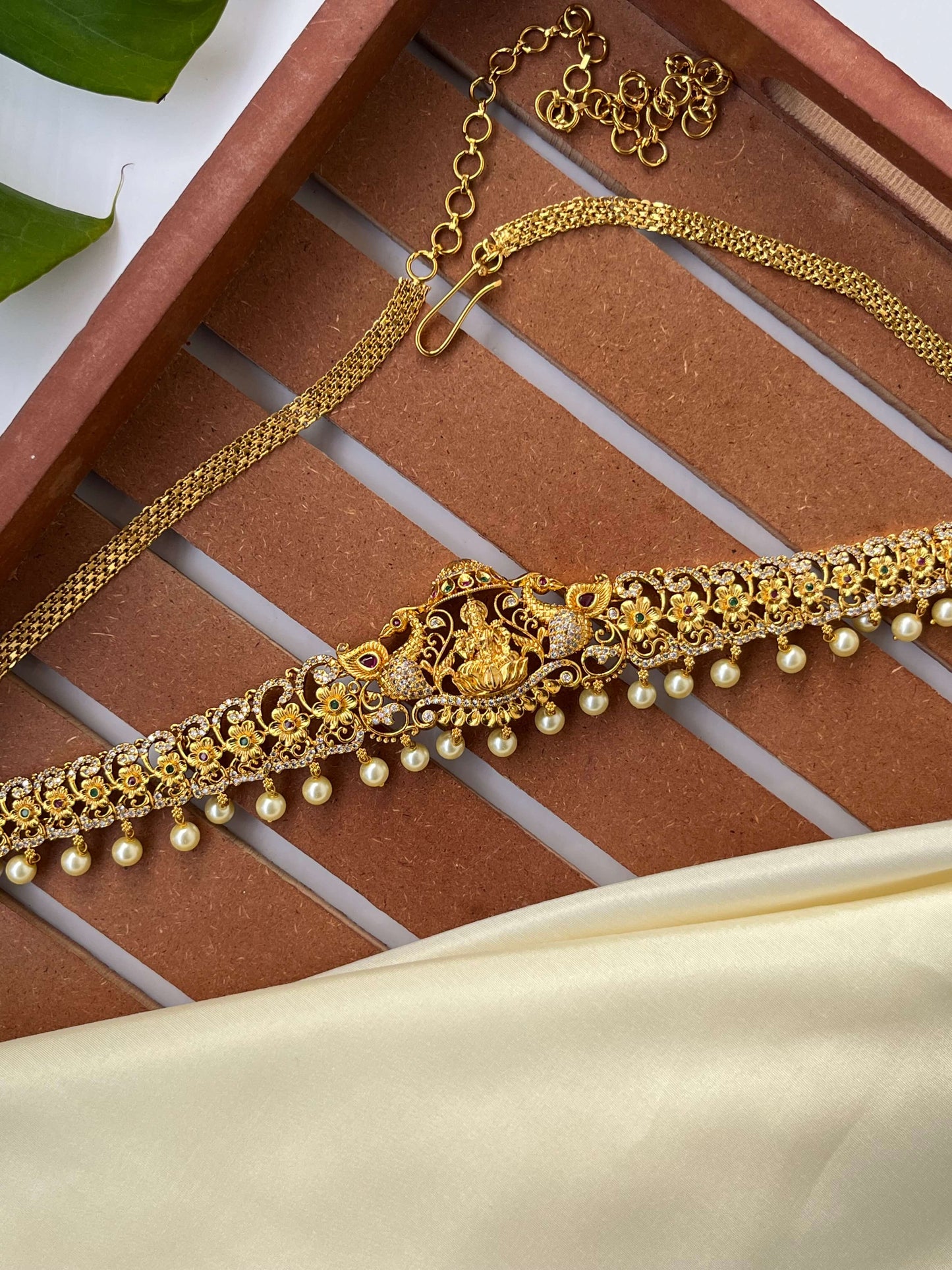 Lakshmi Devi Floral Motif Hipbelt with Stones & Pearls – Gold Polish