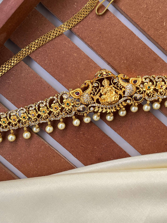 Lakshmi Devi Floral Motif Hipbelt with Stones & Pearls – Gold Polish