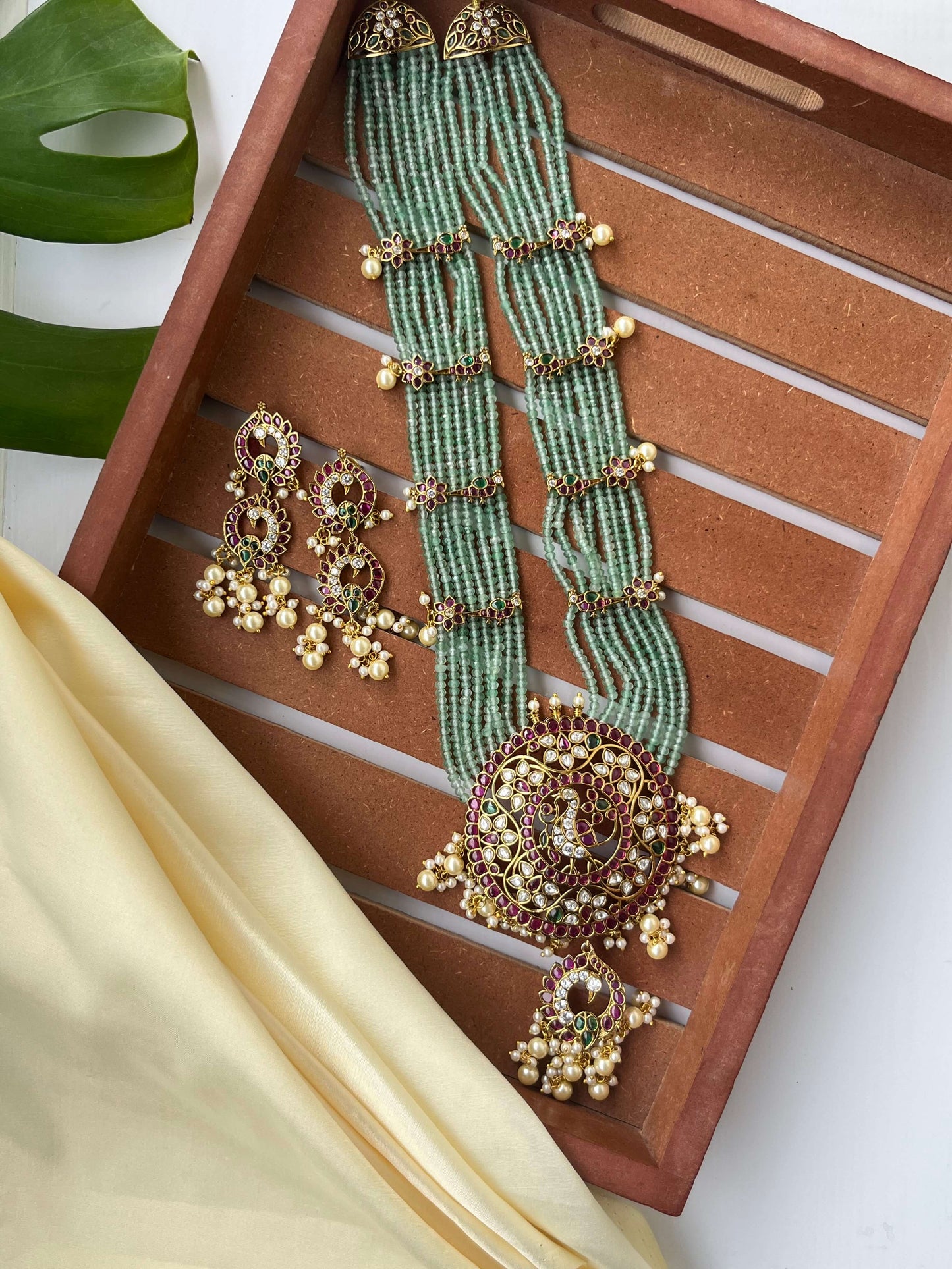 Green Bead Layered Haram with Kemp Pendant & Earrings