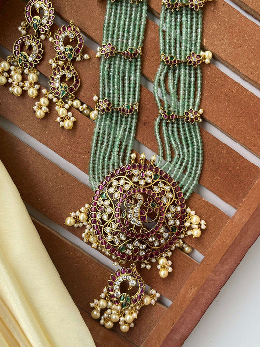 Green Bead Layered Haram with Kemp Pendant & Earrings