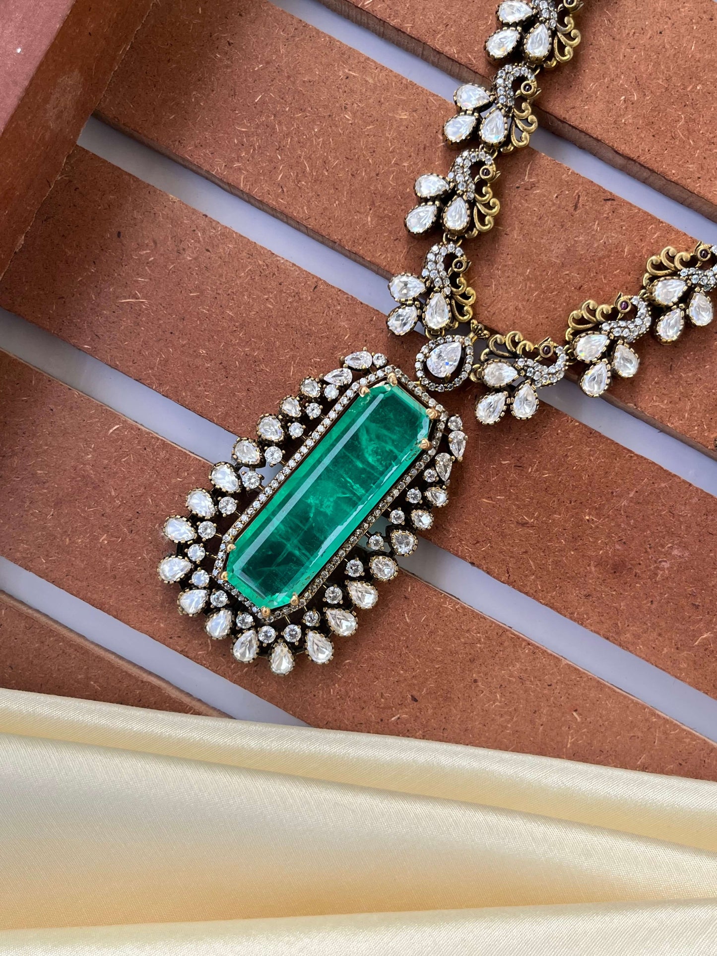 Moissanite Kundan Necklace Set with Green Doublet Stone | Bridal & Festive Jewelry