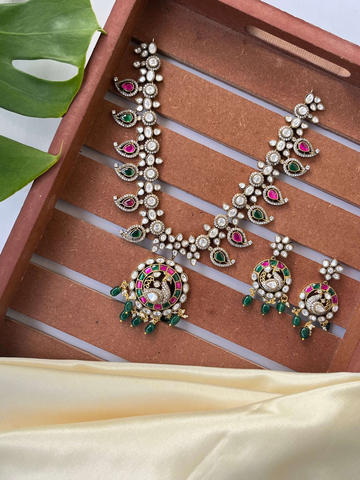 Jadau Kundan Peacock Necklace Set with Green & Ruby Accents | Traditional Bridal Jewelry