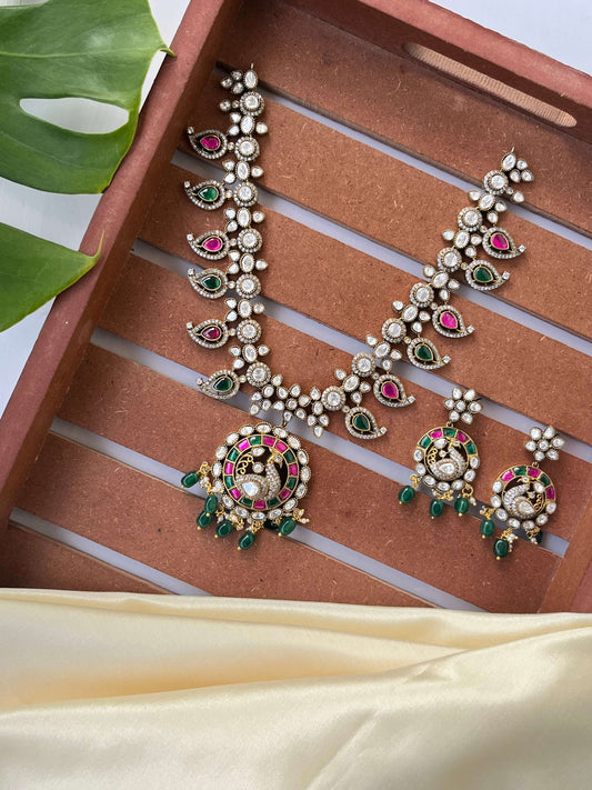 Jadau Kundan Peacock Necklace Set with Green & Ruby Accents | Traditional Bridal Jewelry