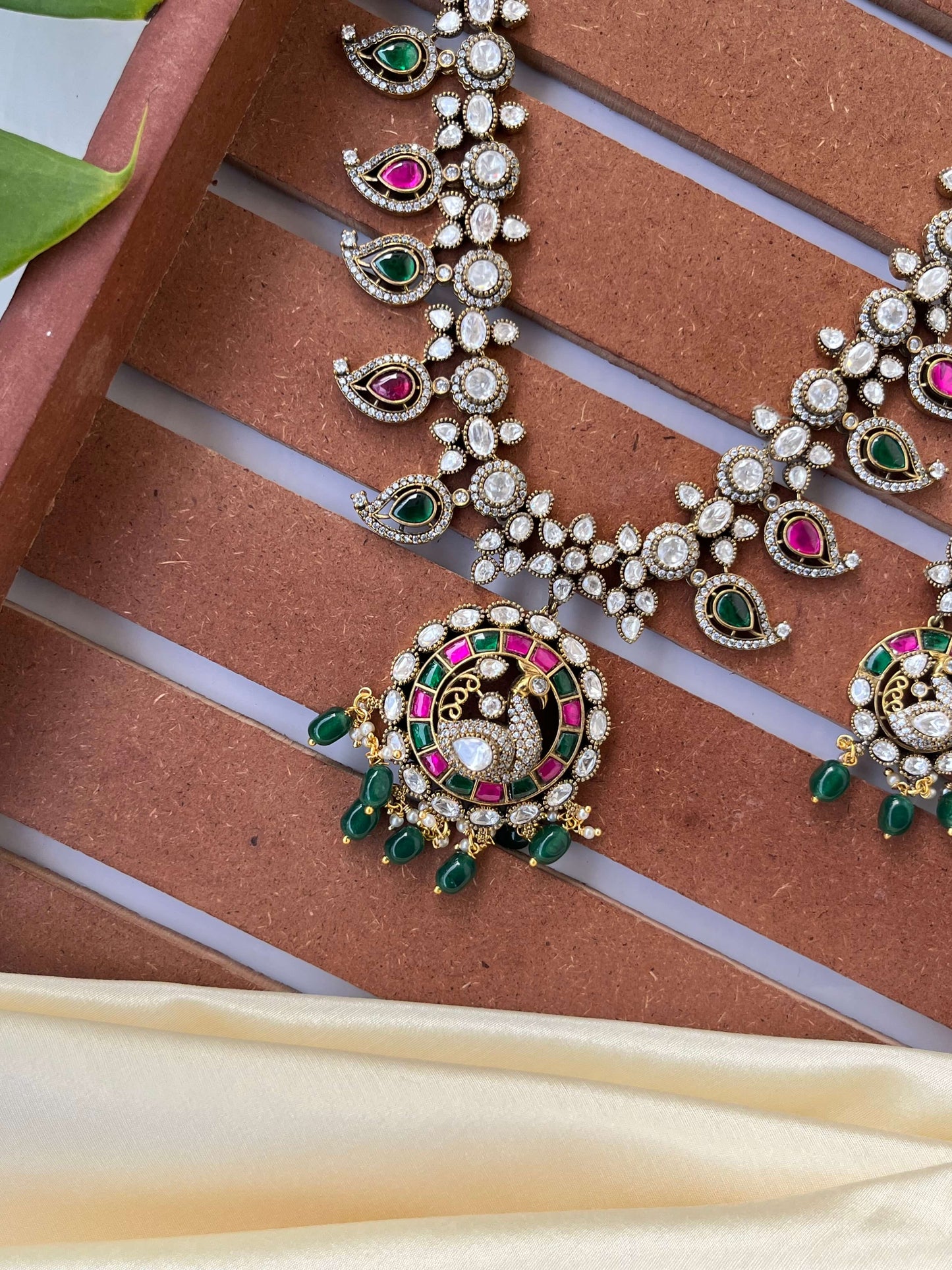 Jadau Kundan Peacock Necklace Set with Green & Ruby Accents | Traditional Bridal Jewelry