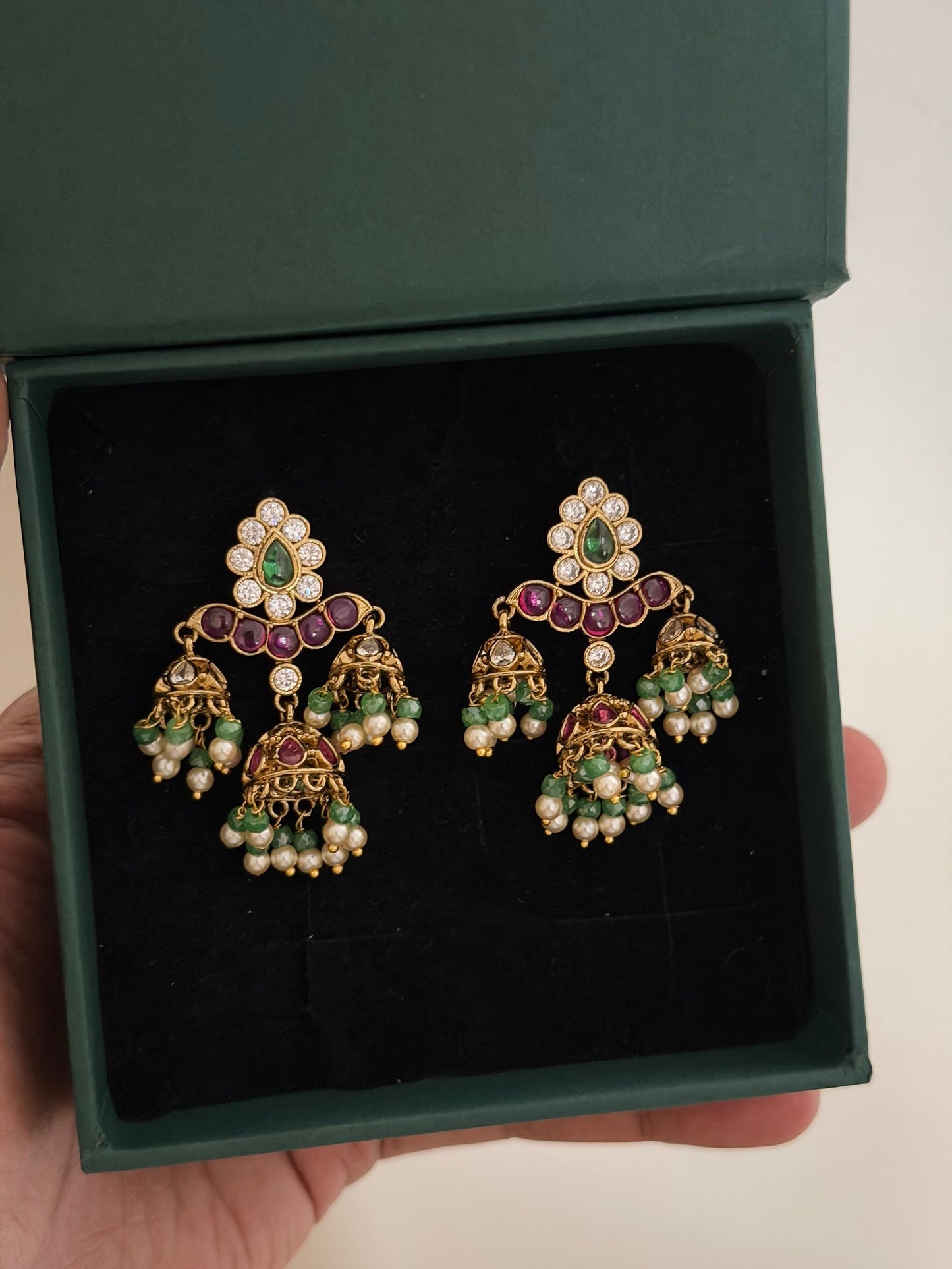 Pink Green Jhumka Earrings