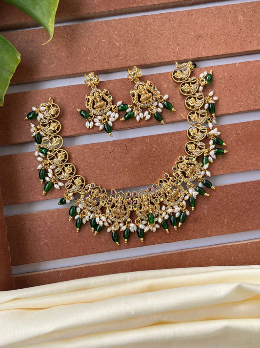 Lakshmi Devi Mango Leaf Nakshi Necklace Set – Budgeted Luxury for Sarees & Weddings