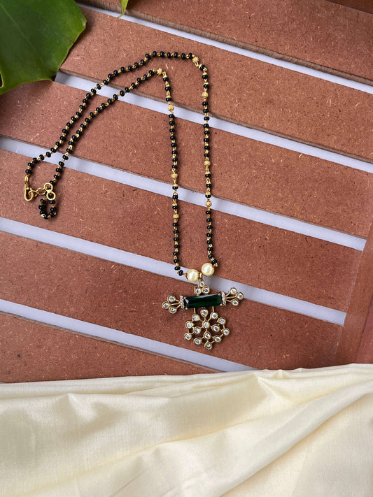 Studded Design Medium Length Mangalsutra with Green Stone Pendant