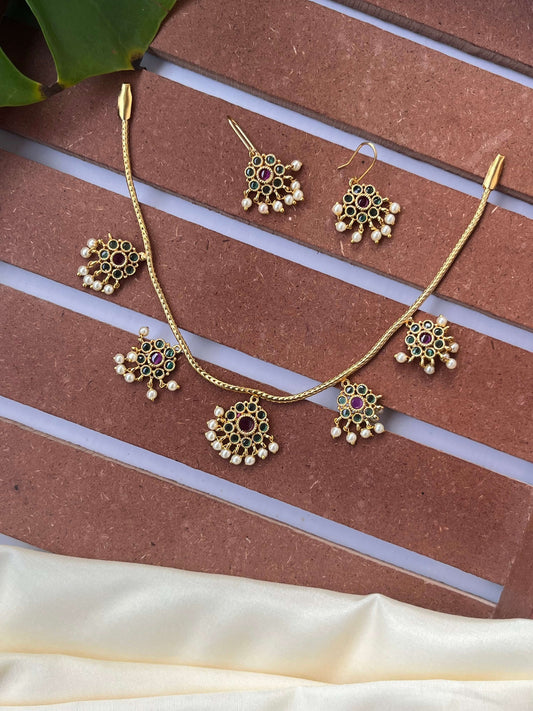 Floral Motif Necklace with Pearl Drops & Matching Earrings