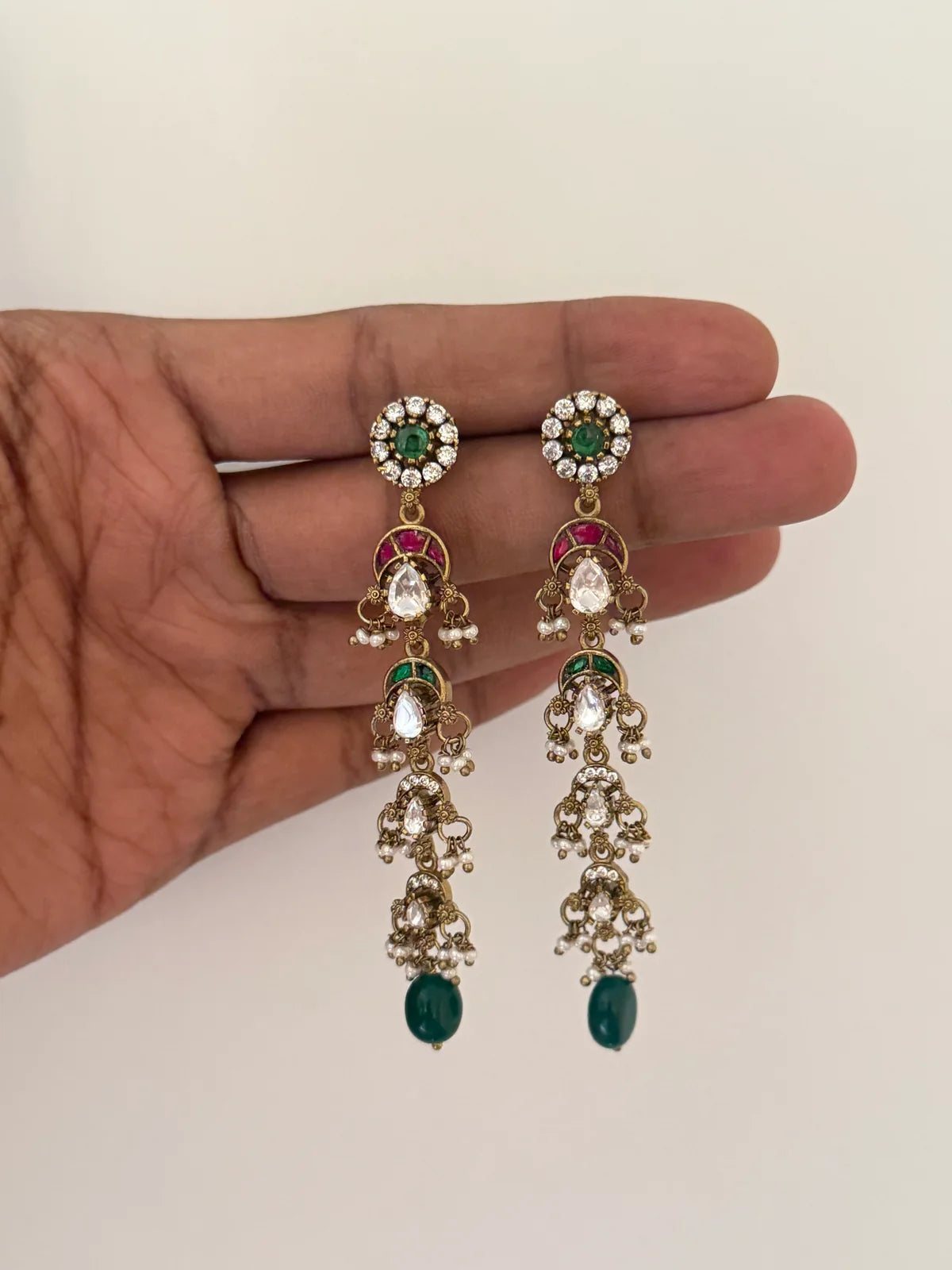Long Polki Waterfall Danglers with Emerald Drop