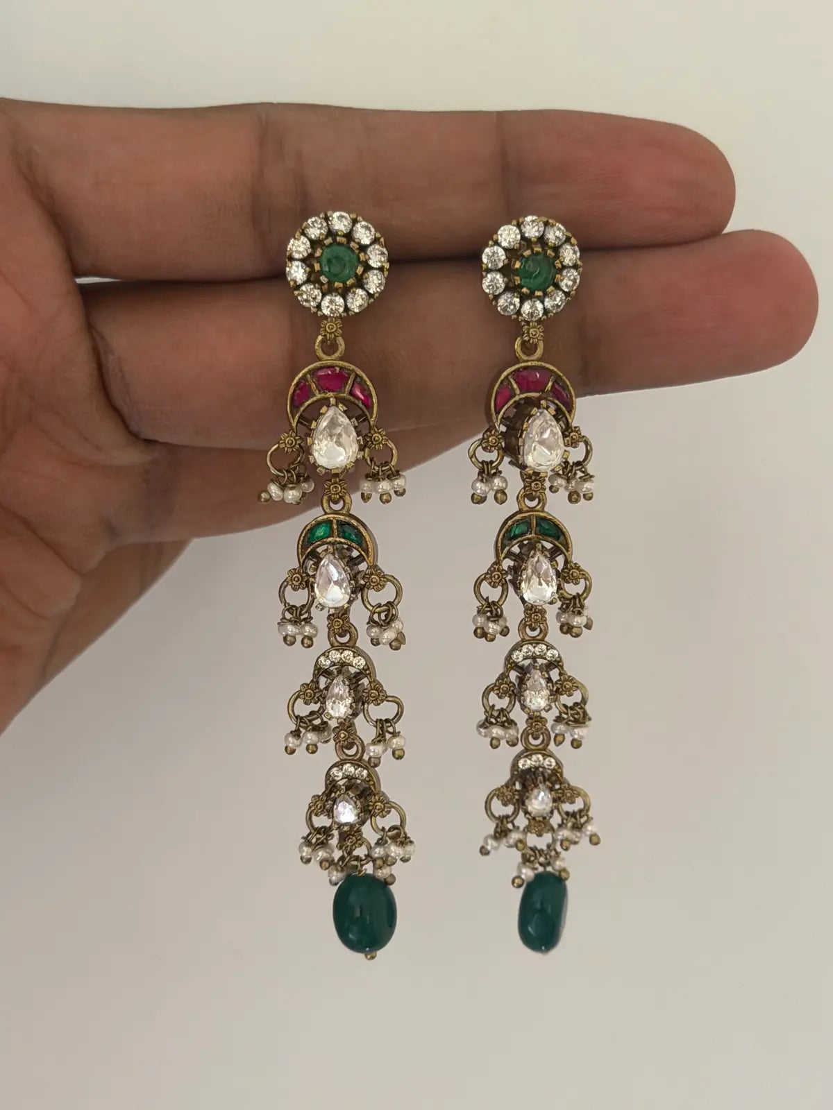 Long Polki Waterfall Danglers with Emerald Drop