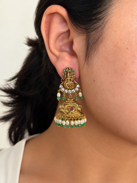 Lakshmi Stud Jhumka Earrings with CZ Crescent and Rice Pearl and Green Bead Drops