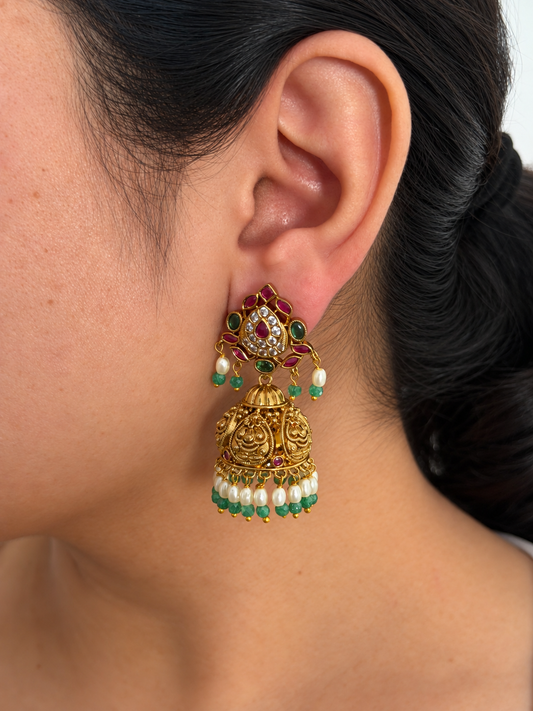 Nakshi Jhumka Earrings with Ruby Paisley Stud and Rice Pearl Drops