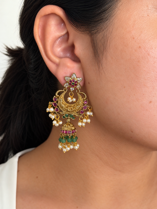 Chaandbali Jhumka Earrings with Ruby Stones, Green Beads and Pearl Drops