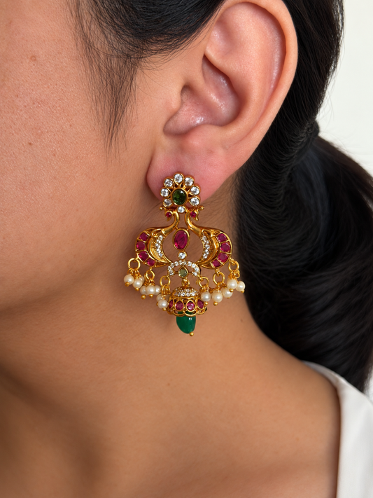 Twin Peacock Crescent Chaandbali Earrings with Ruby Stones and Pearl Drops