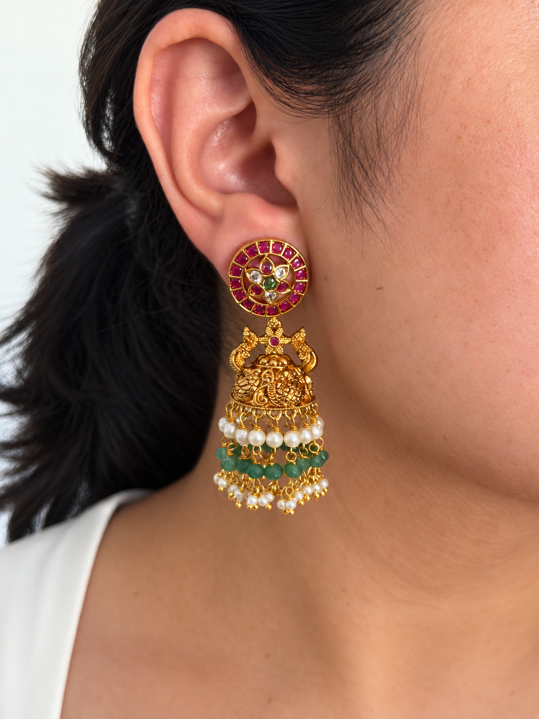 Round Ruby Kemp Stud Peacock Jhumka Earrings with Pearl and Green Bead Drops