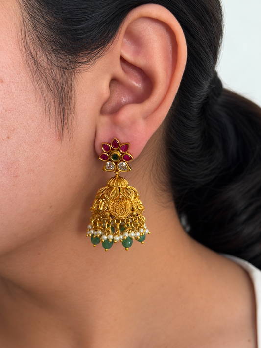Ruby Lotus Stud Jhumka Earrings with Embossed Dome and Mint Green Bead Drops