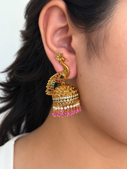 Peacock Figure Jhumka Earrings with Swirl-Textured Dome and Bead Drops