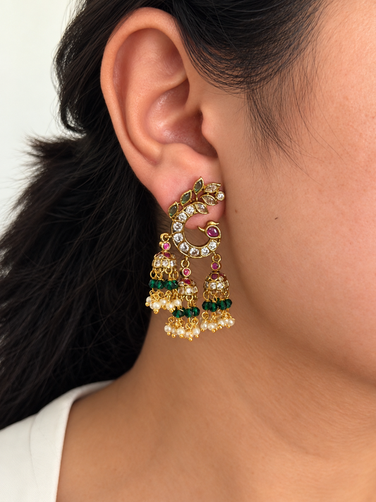 Peacock Crescent Stud Earrings with Triple Mini Jhumka Drops and Green Bead Detail