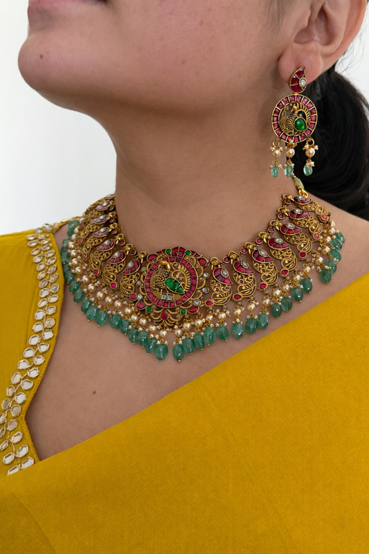 Antique Peacock Nakshi Choker Necklace Set