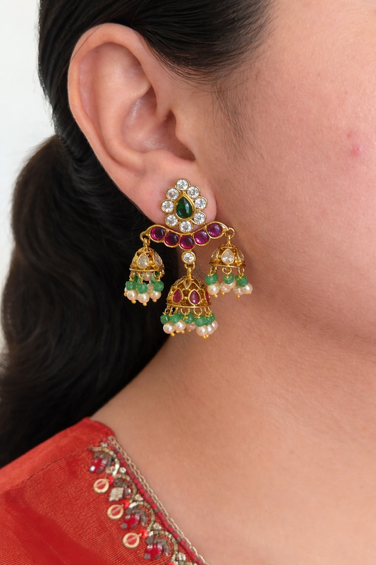 Pink Green Jhumka Earrings