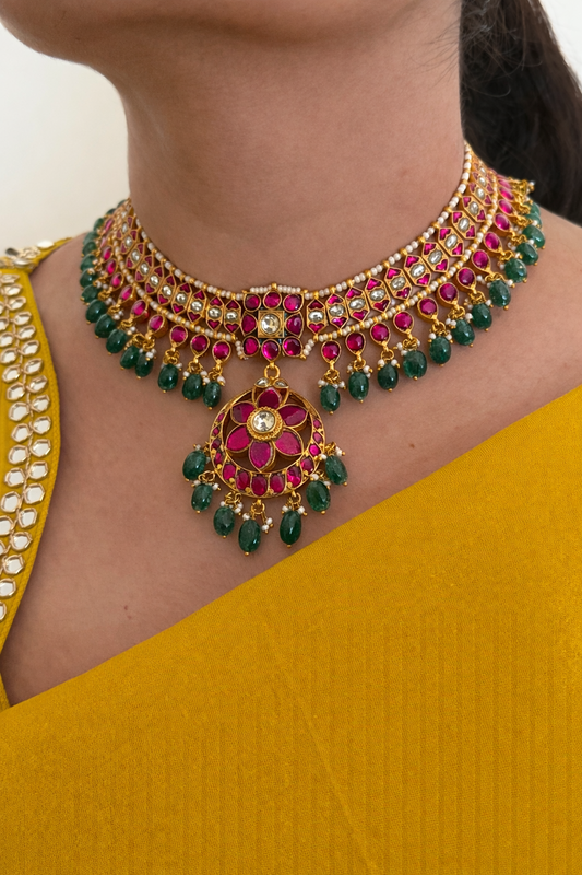 Ruby Jadau Kundan Floral Pendant Choker Necklace