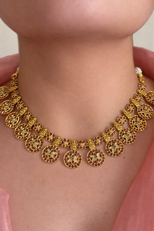 Divine Floral Lakshmi Coin Kemp Necklace Set