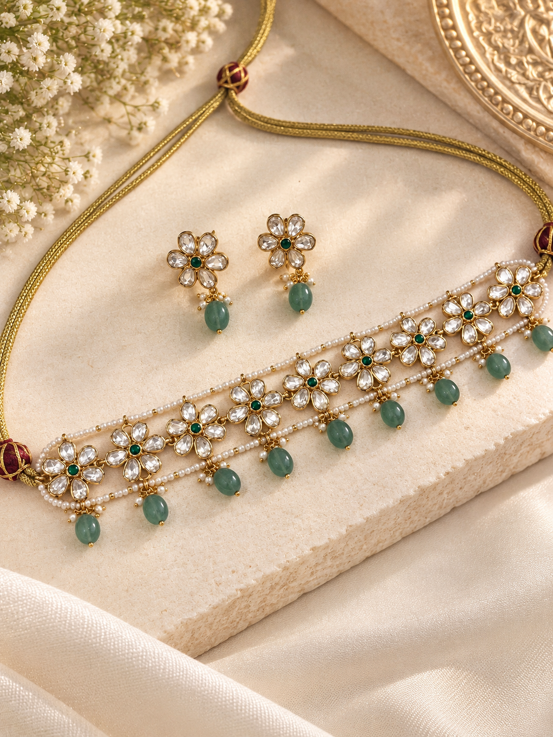 Moissanite Floral Choker Necklace Set with Green Bead Drops