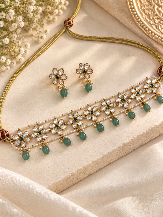 Moissanite Floral Choker Necklace Set with Green Bead Drops
