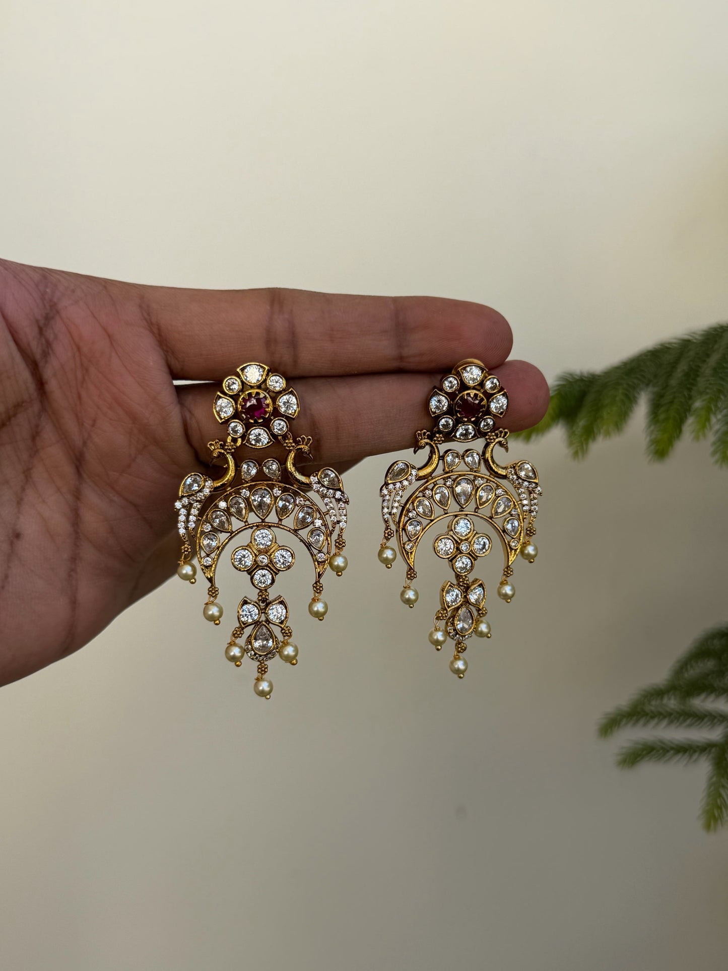 Peacock Motif Polki Style Chaandbali Earrings with Pearl Drops (Multi/Green)