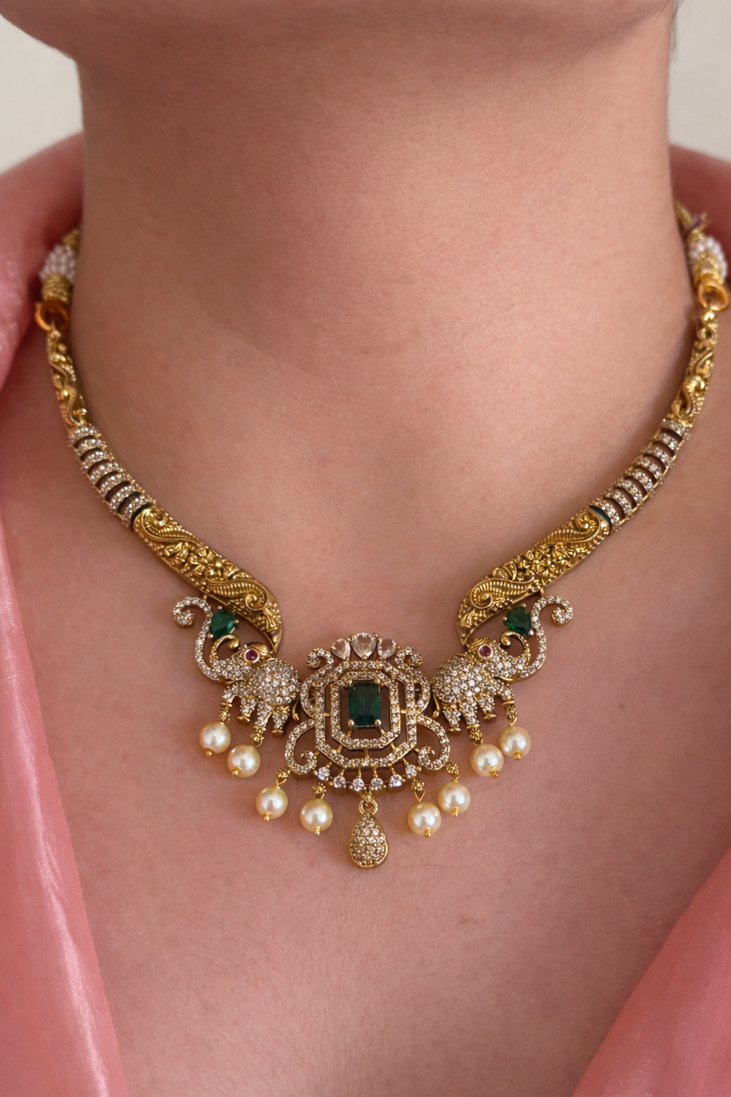 Majestic Elephant Motif AD Stone & Emerald Temple Necklace Set