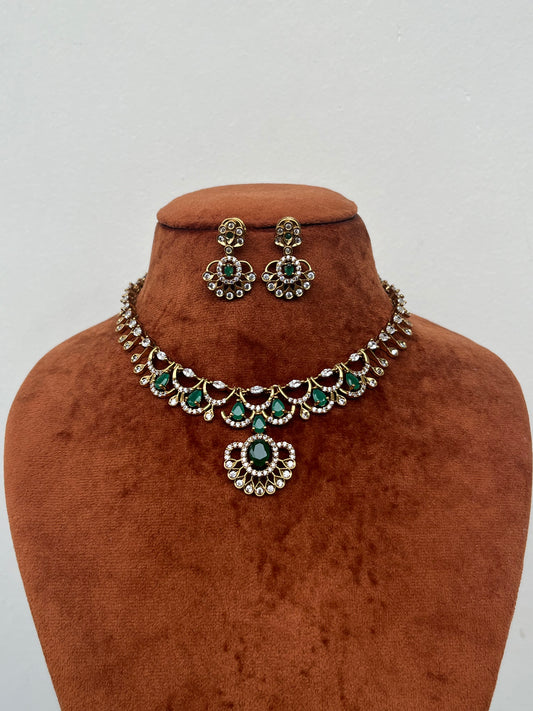 Floral Motifs Sleek Drops AD Necklace Set with Earrings – Lightweight & Elegant