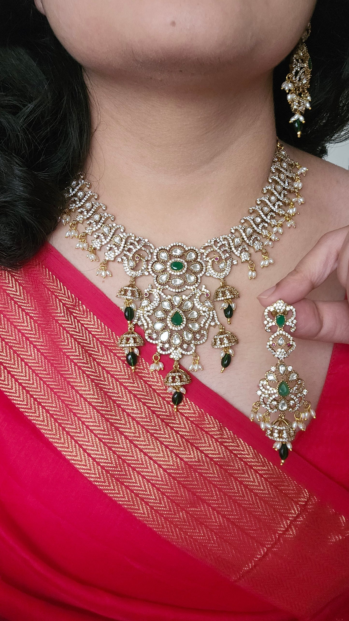 Kundan Peacock Motif Necklace Set with Emerald Accents – Bridal & Semi-Bridal Elegance