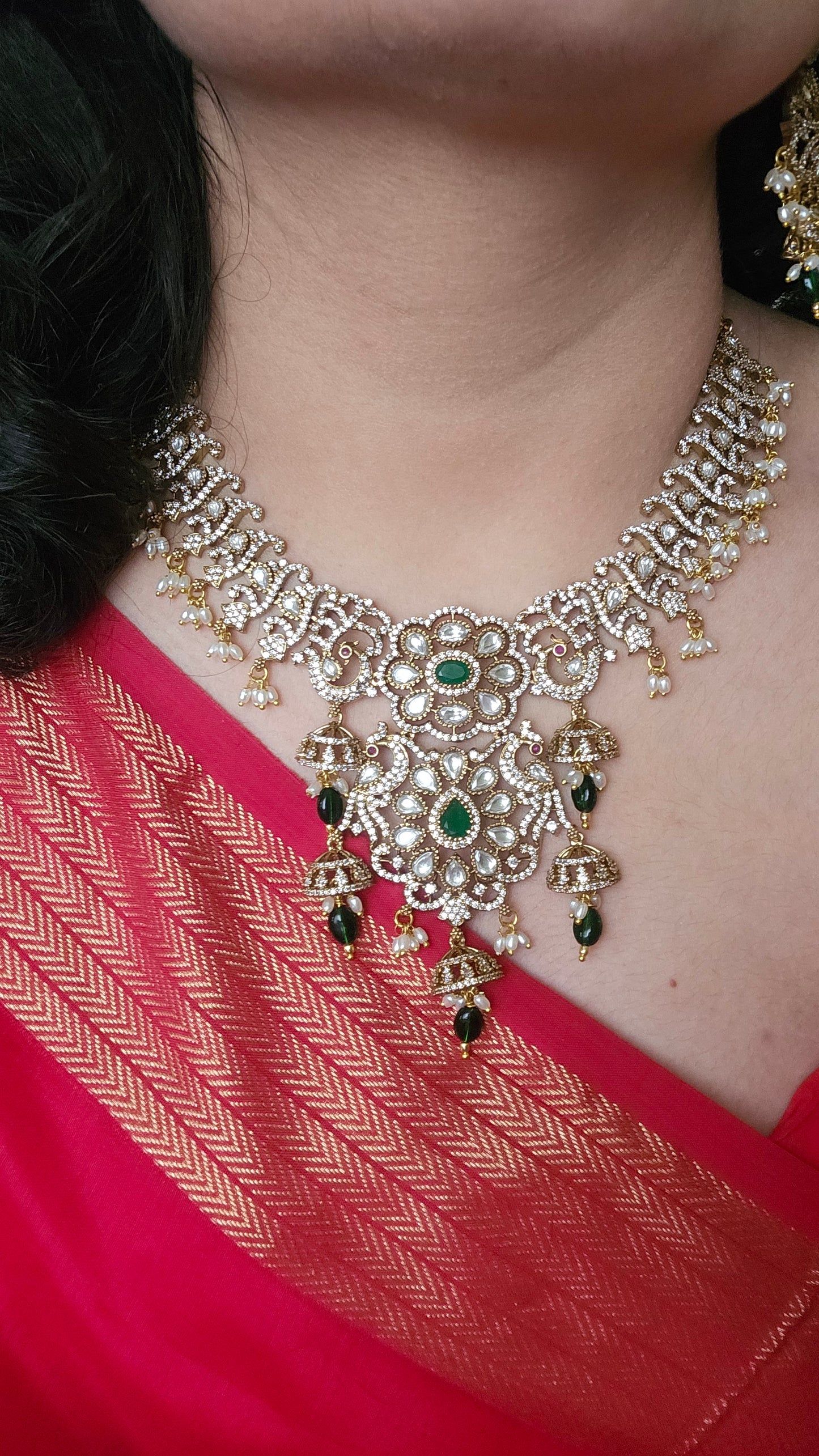 Kundan Peacock Motif Necklace Set with Emerald Accents – Bridal & Semi-Bridal Elegance