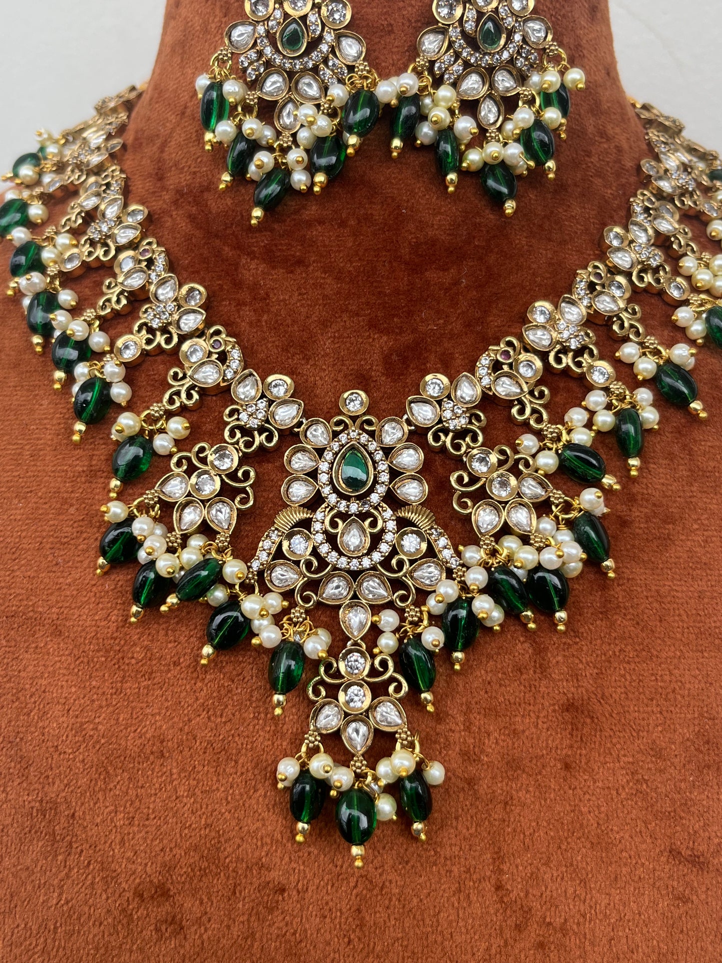 Kundan Luxury Peacock Motif Necklace Set with Green Monalisa Beads – Bridal & Semi-Bridal