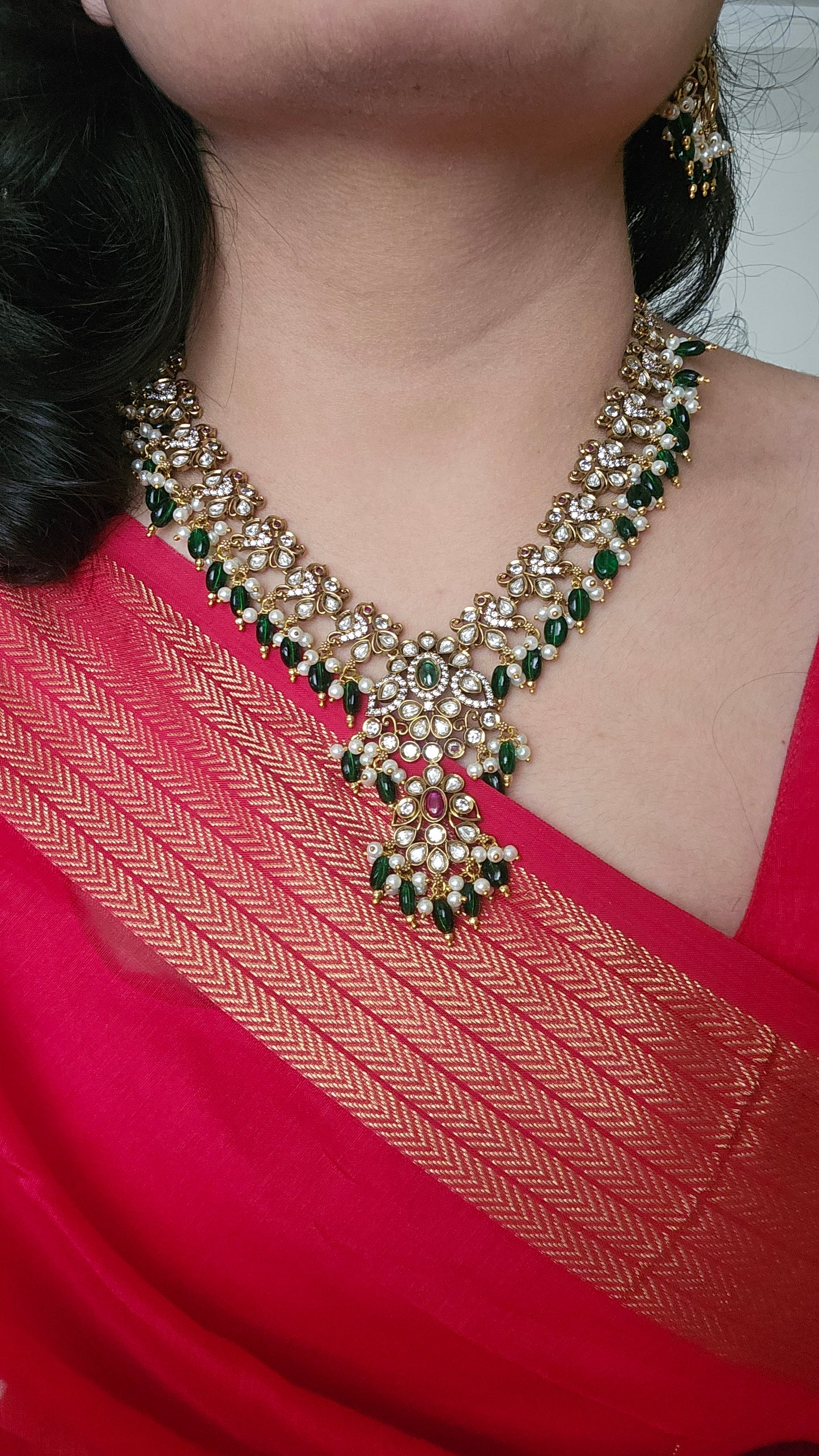 Peacock Motif Kundan Necklace Set with Green Monalisa Beads – Bridal Elegance
