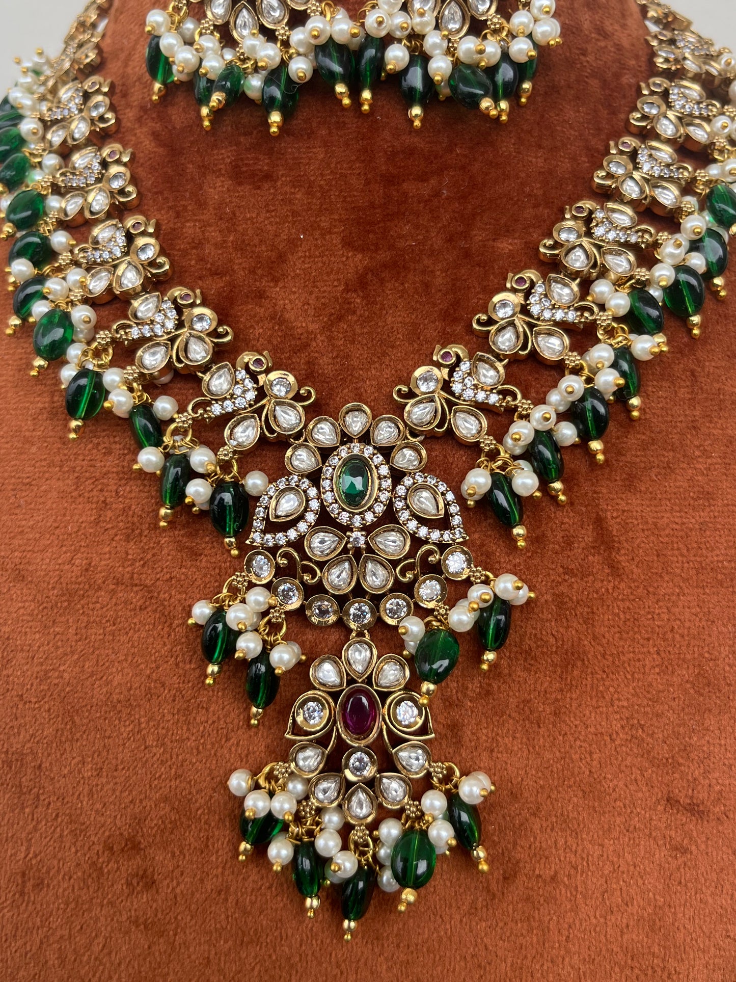 Peacock Motif Kundan Necklace Set with Green Monalisa Beads – Bridal Elegance