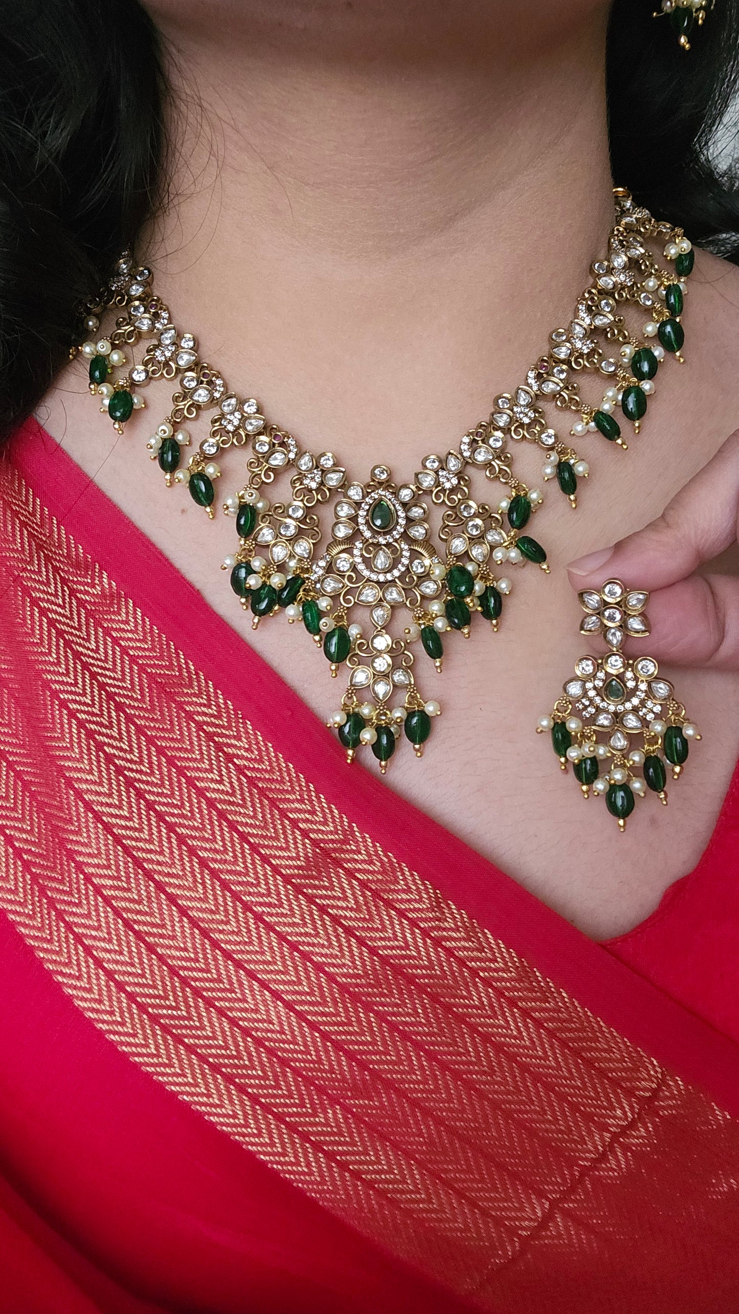Kundan Luxury Peacock Motif Necklace Set with Green Monalisa Beads – Bridal & Semi-Bridal