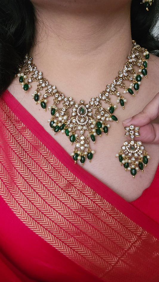 Kundan Luxury Peacock Motif Necklace Set with Green Monalisa Beads – Bridal & Semi-Bridal