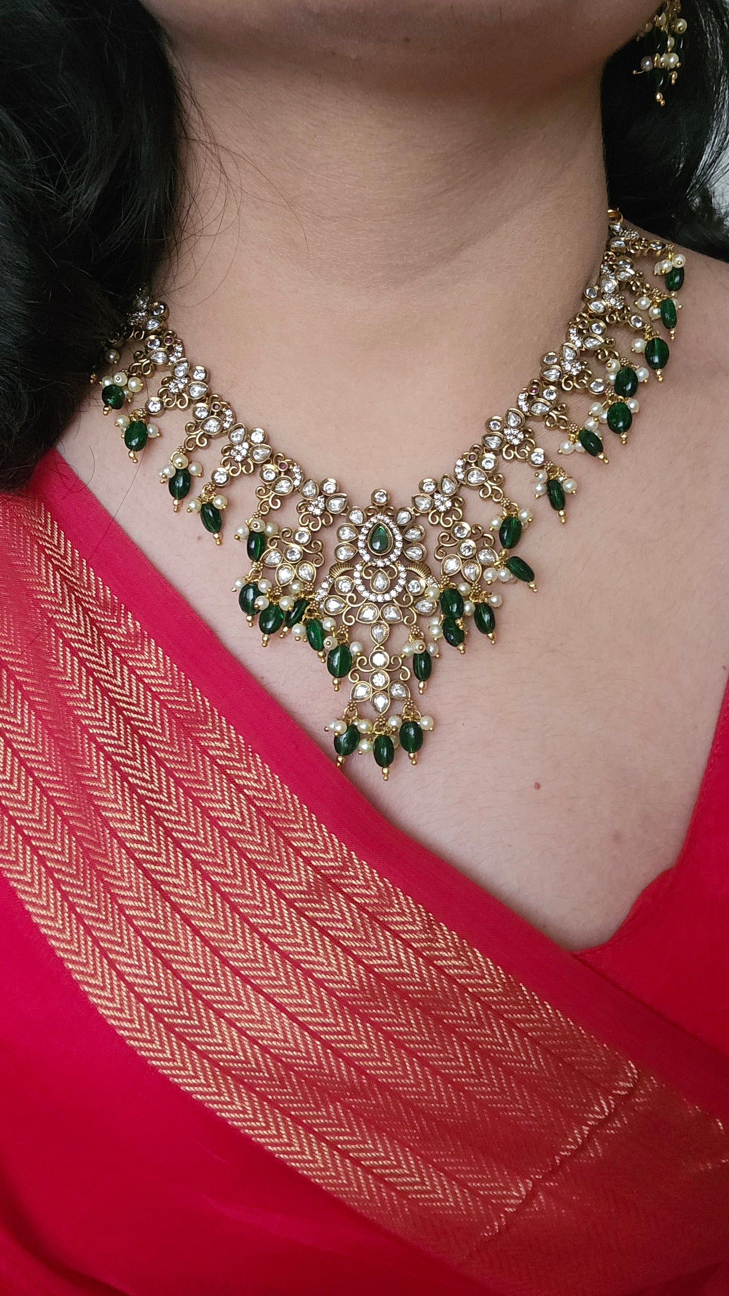 Kundan Luxury Peacock Motif Necklace Set with Green Monalisa Beads – Bridal & Semi-Bridal