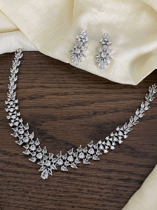 Diamond AD Necklace Set with Earrings – Silver Finish Elegance for Weddings & Parties