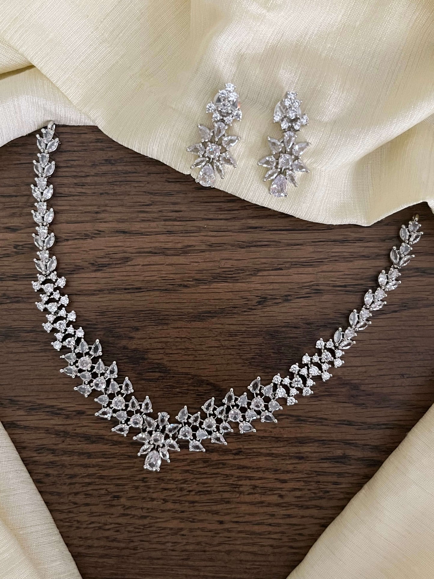 Diamond AD Necklace Set with Earrings – Silver Finish Elegance for Weddings & Parties