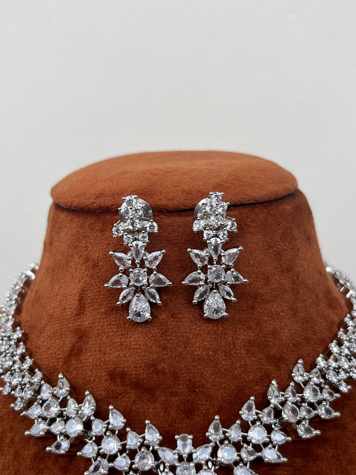 Diamond AD Necklace Set with Earrings – Silver Finish Elegance for Weddings & Parties