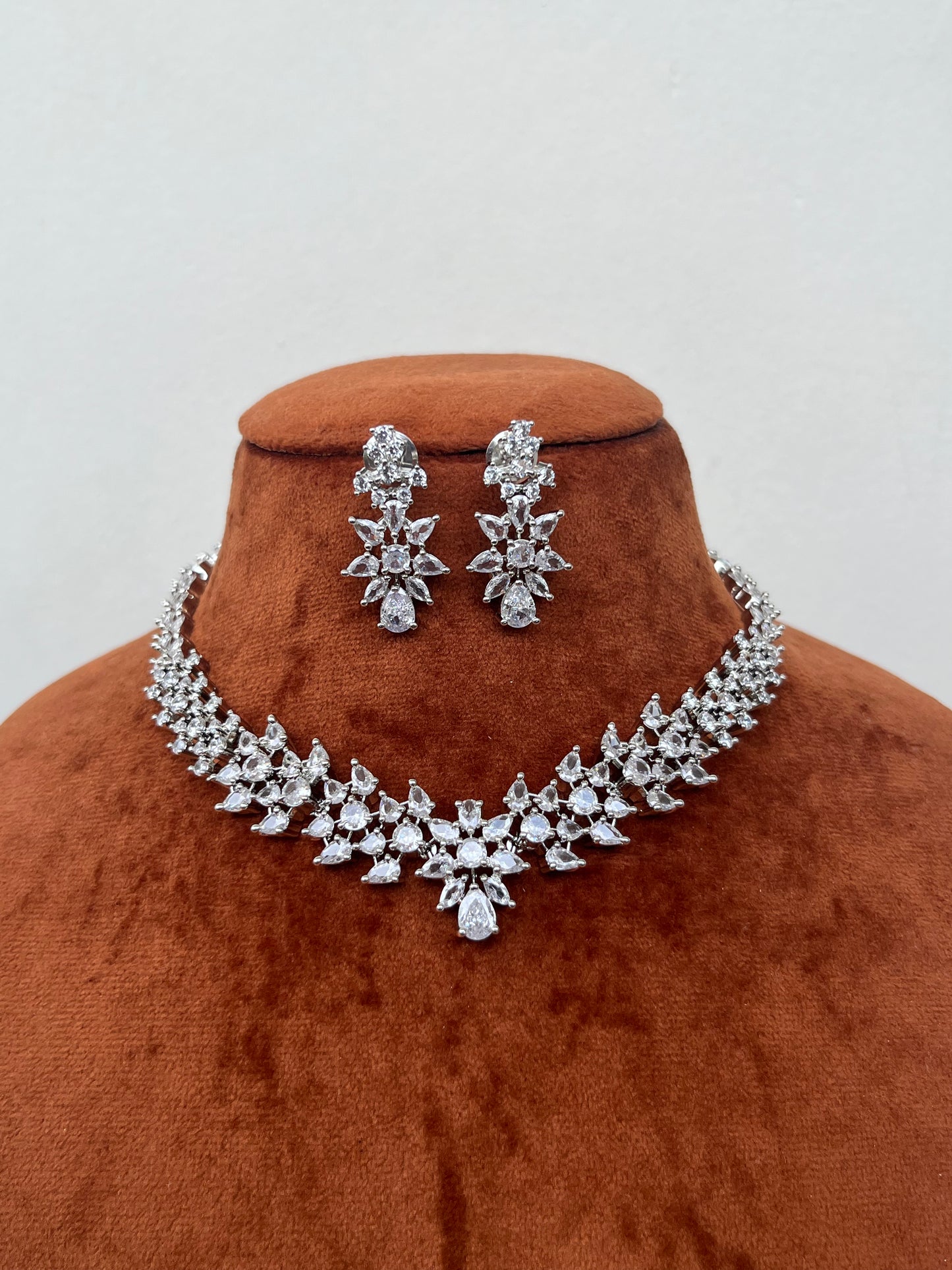 Diamond AD Necklace Set with Earrings – Silver Finish Elegance for Weddings & Parties