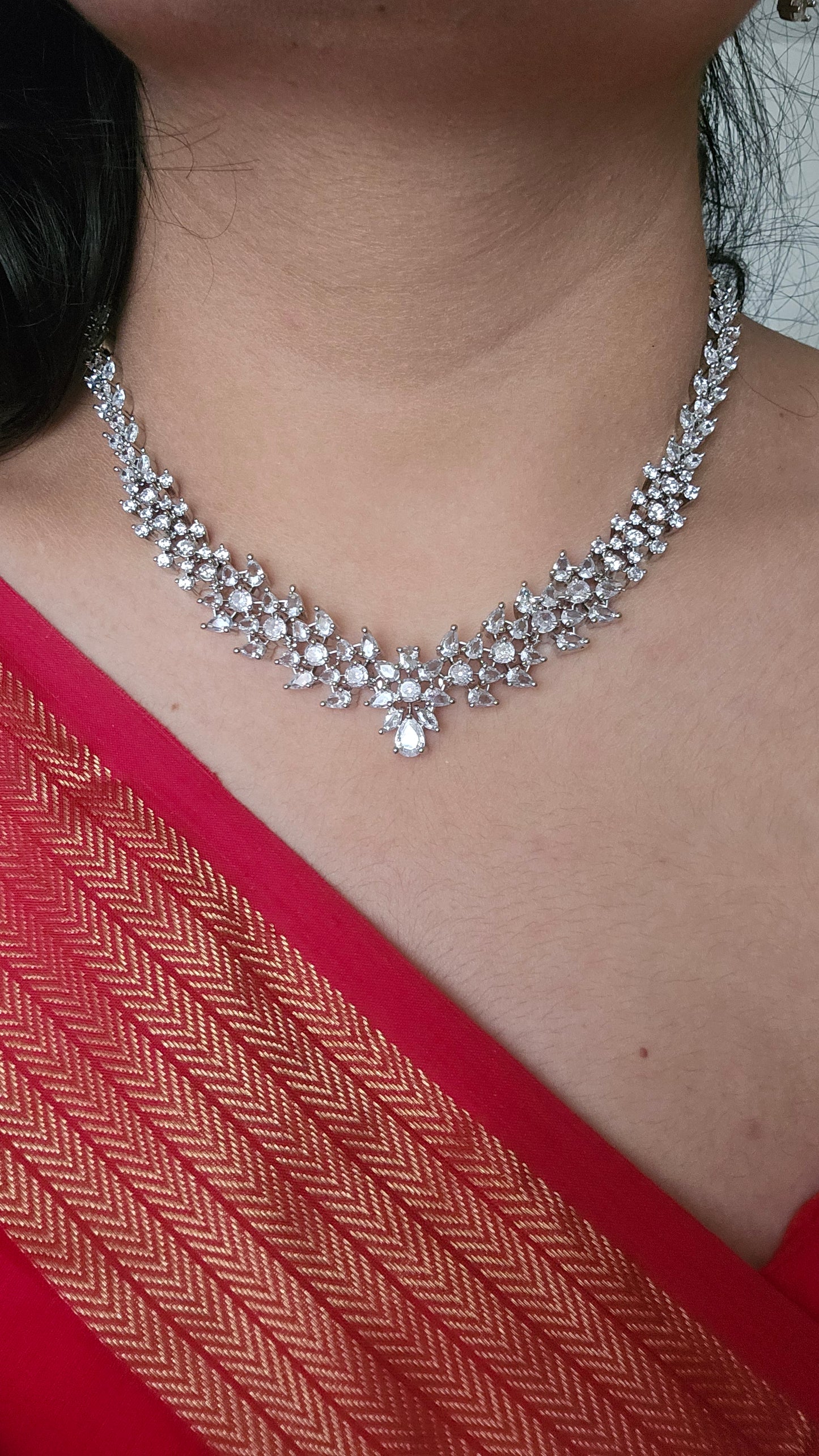 Diamond AD Necklace Set with Earrings – Silver Finish Elegance for Weddings & Parties