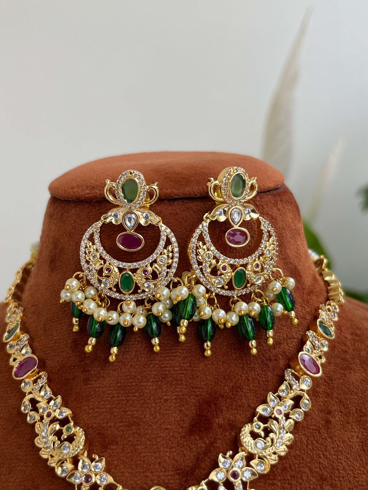 Golden Polish Traditional Necklace with Matching Chaandbali – Green & Ruby Stones, Peacock Motifs