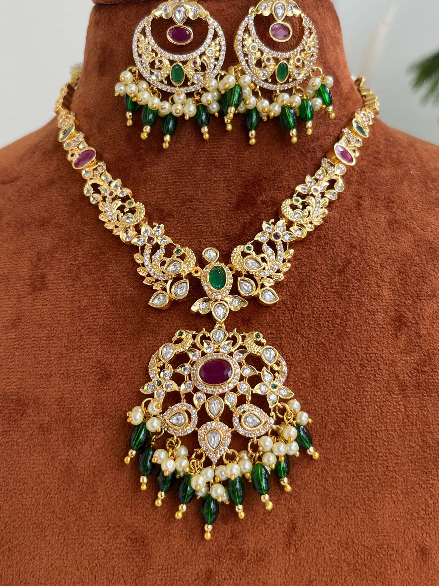 Golden Polish Traditional Necklace with Matching Chaandbali – Green & Ruby Stones, Peacock Motifs