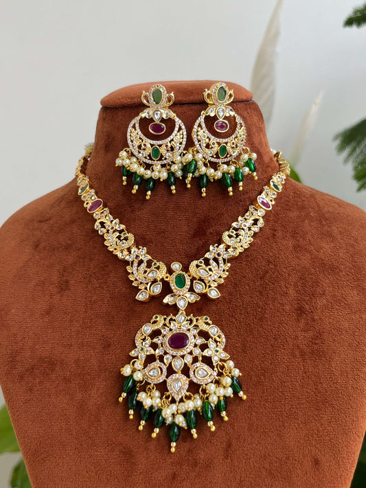 Golden Polish Traditional Necklace with Matching Chaandbali – Green & Ruby Stones, Peacock Motifs