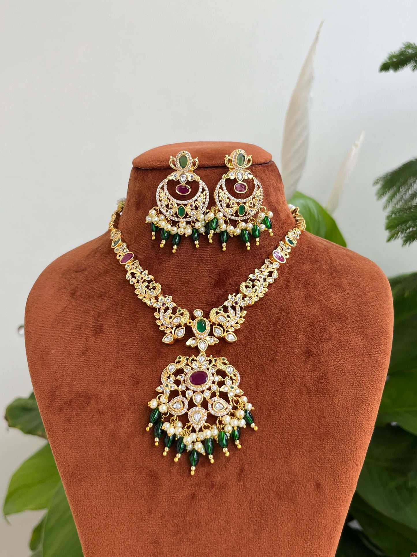 Golden Polish Traditional Necklace with Matching Chaandbali – Green & Ruby Stones, Peacock Motifs