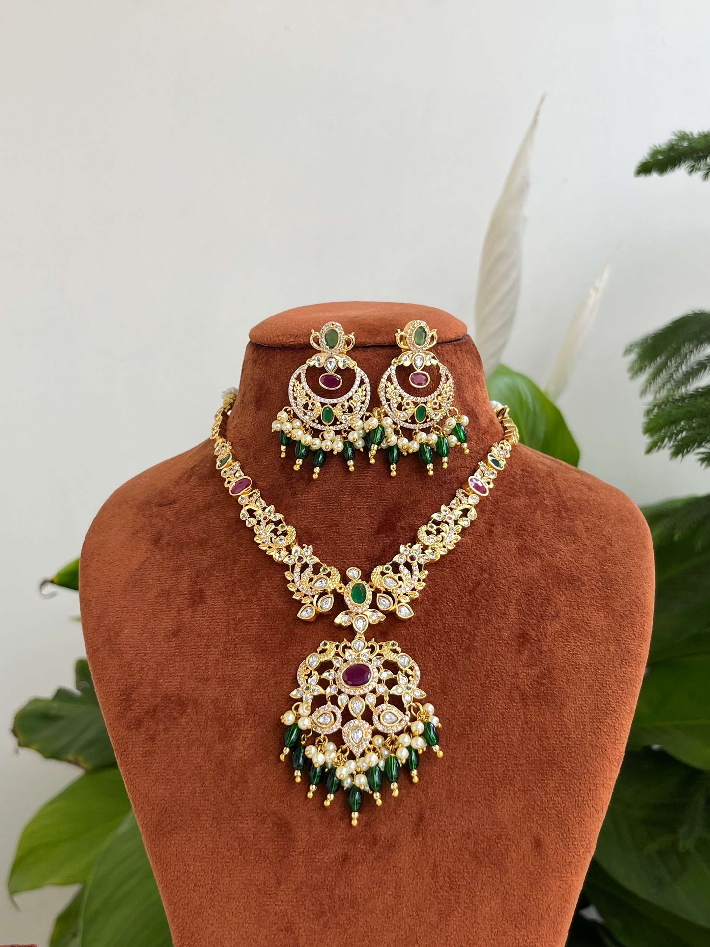 Golden Polish Traditional Necklace with Matching Chaandbali – Green & Ruby Stones, Peacock Motifs