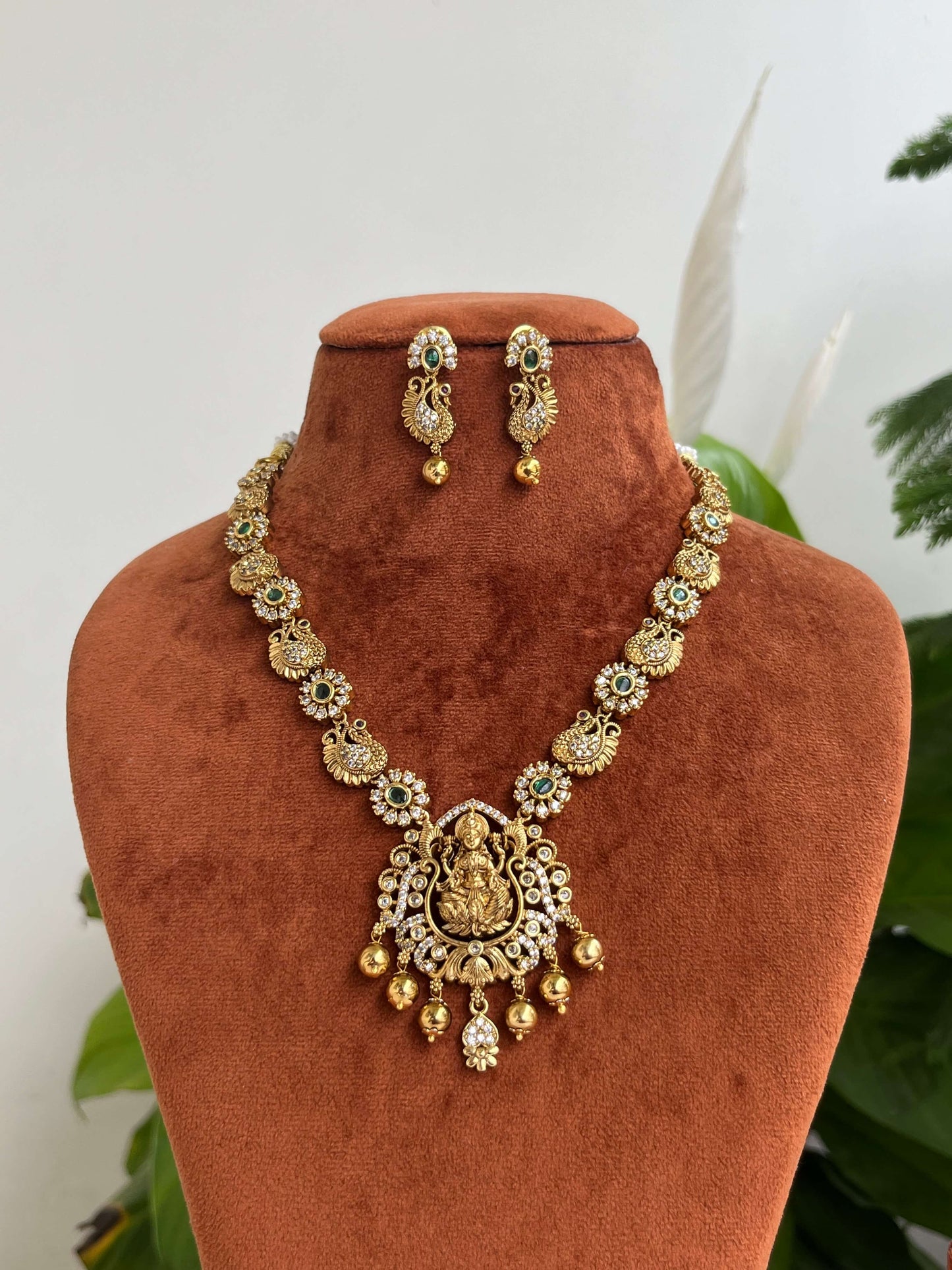 Lakshmi Devi Peacock Motif Necklace with CZ & Emerald Green Stones